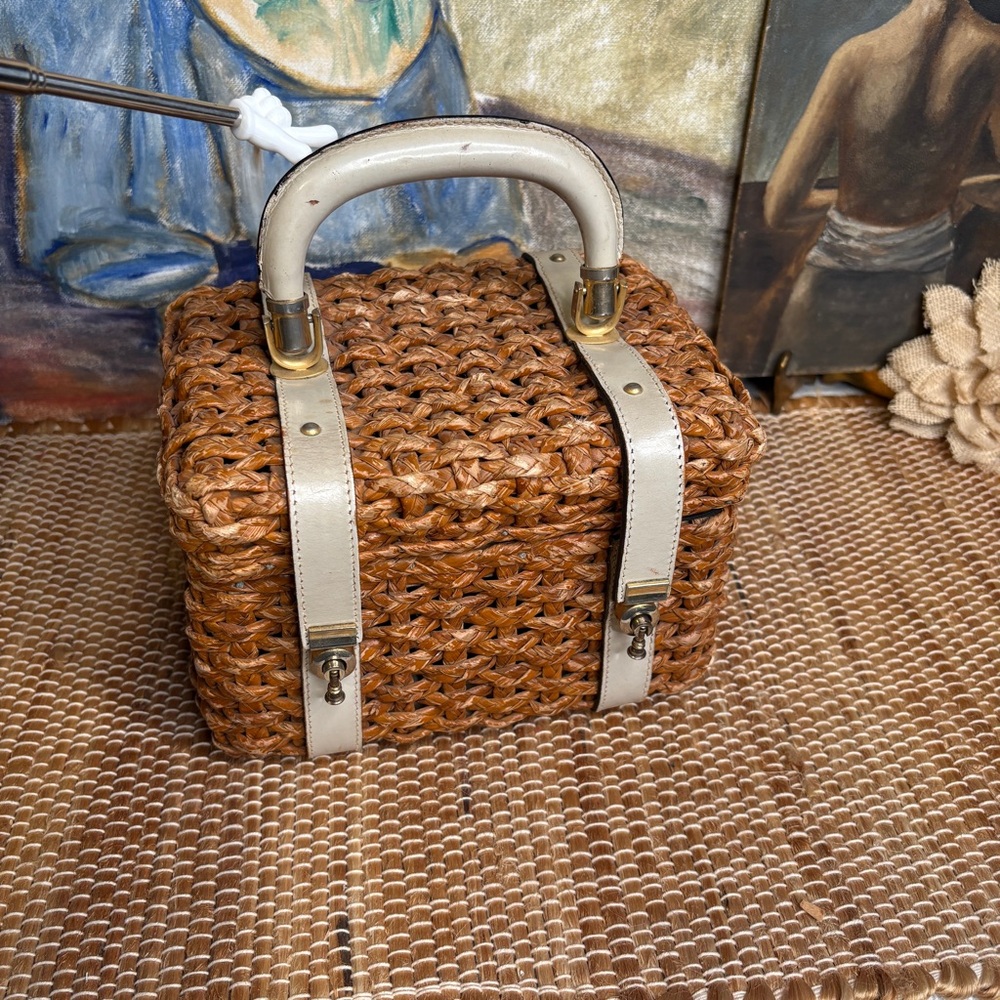Tano of Madrid Vintage Woven Basket Top Handle Bag Leather Brass Retro